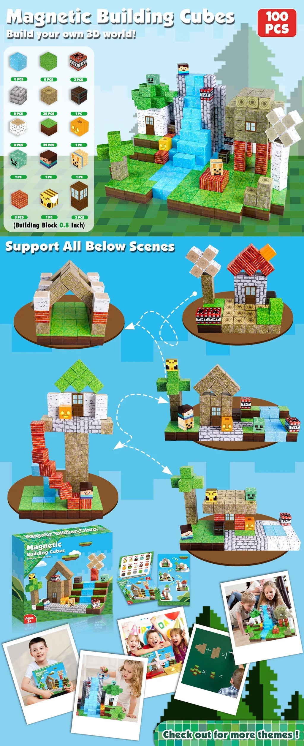 100 Pcs Magnetic Forest House Brick Cube Toys Set